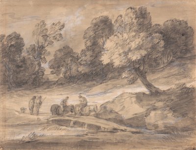 Skovklædt landskab med figurer på hesteryg, der krydser en bro af Thomas Gainsborough